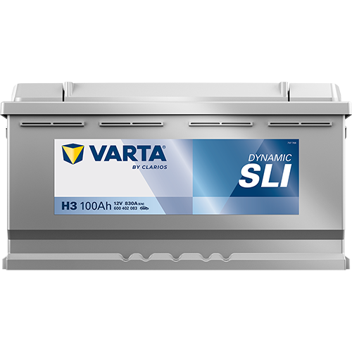 Batterie voiture VARTA H3 100Ah 830A, vue de face, avec bornes de connexion, pour véhicules automobiles.