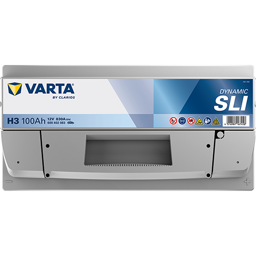 Batterie voiture VARTA H3 100Ah 830A, vue de face, avec bornes et étiquettes, marque VARTA, pour véhicules automobiles.