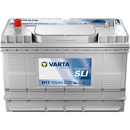 Batterie VARTA H17 105Ah 800A pour voiture, pièce détachée automobile, vue de la batterie avec bornes et étiquettes.