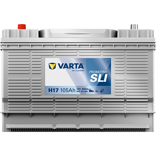 Batterie VARTA H17 105Ah 800A pour voiture, pièce détachée automobile, vue de la batterie avec étiquettes et bornes.