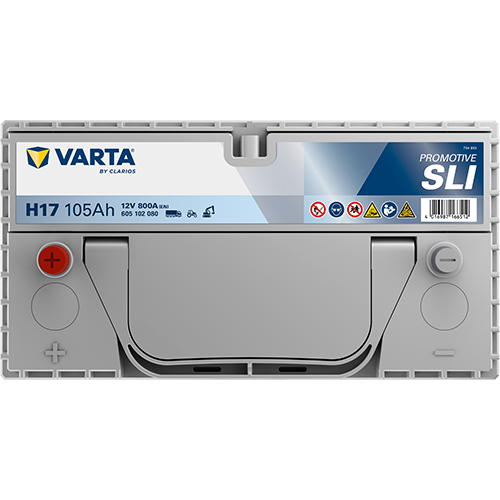 Batterie VARTA H17 105Ah 800A pour voiture, pièce détachée automobile, marque VARTA, modèle H17, vue de face avec câbles.