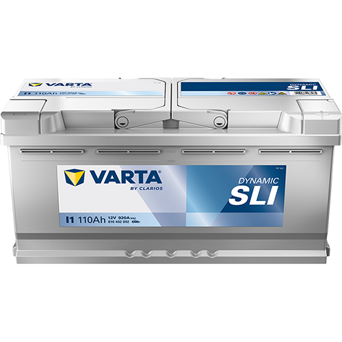Batterie VARTA I1 110Ah 920A pour véhicules, image montrant la batterie avec ses bornes et étiquettes.