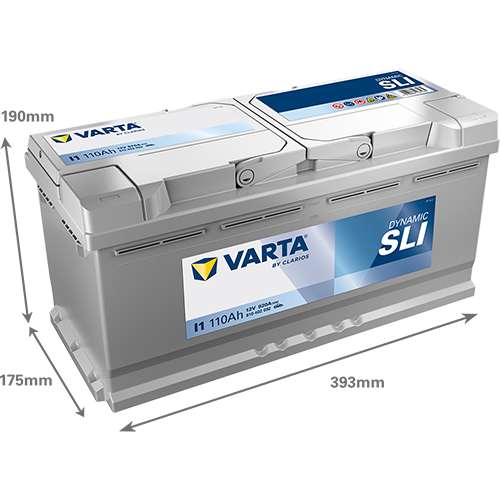 Batterie VARTA I1 110Ah 920A pour véhicules, vue de la batterie avec étiquettes et bornes, marque CANPAA SARL