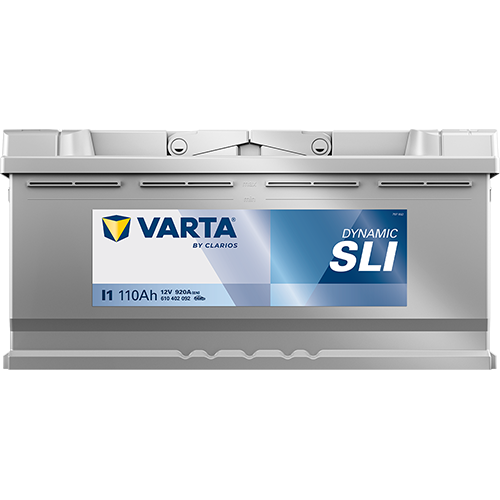 Batterie VARTA I1 110Ah 920A pour véhicules, vue de la batterie avec étiquettes et bornes, marque CANPAA SARL.