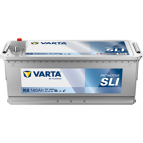 Batterie Varta K8 140Ah 800A pour véhicules, vue de la batterie avec bornes et étiquettes, marque Varta.