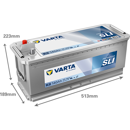 Batterie VARTA K8 140Ah 800A pour véhicules, vue de la batterie avec étiquettes et câbles, marque CANPAA SARL.