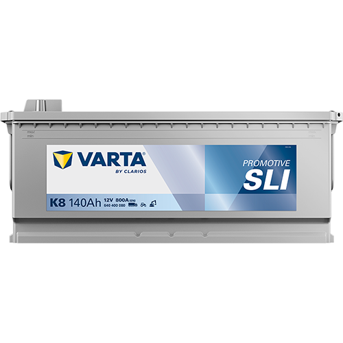 Batterie VARTA K8 140Ah 800A pour véhicules, vue de la batterie avec étiquettes et bornes, marque VARTA, modèle K8.