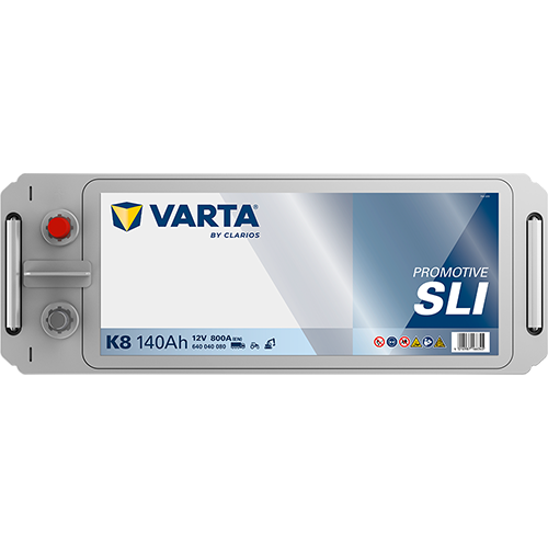 Batterie VARTA K8 140Ah 800A pour véhicules, vue de la batterie avec bornes et étiquettes, marque VARTA, modèle K8.