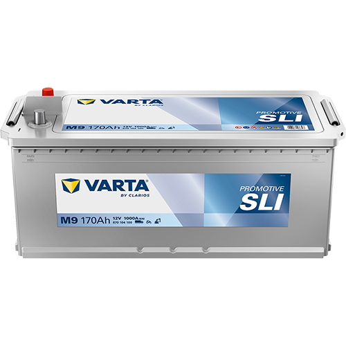 Batterie VARTA M9 170Ah 1000A pour véhicule, pièce détachée, vue de la batterie avec bornes et étiquettes.