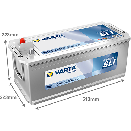 Batterie VARTA M9 170Ah 1000A pour véhicule, pièce détachée, marque CANPAA SARL, vue de face avec bornes.