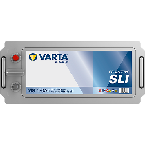 Batterie VARTA M9 170Ah 1000A, pièce détachée pour véhicule, vue de la batterie avec bornes et étiquette.