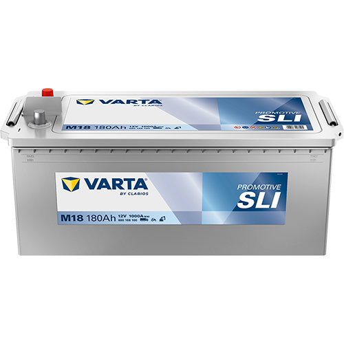 Batterie VARTA M18 180Ah 1000A pour véhicules, vue de face avec bornes positives et négatives, marque VARTA.
