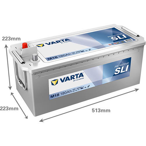 Batterie Varta M18 180Ah 1000A, vue en gros plan, pour véhicules, marque CANPAA SARL, avec bornes et étiquette visible