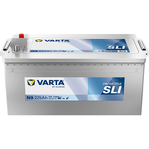 Batterie Varta N9 225Ah 1150A pour véhicules, vue de la batterie avec bornes et étiquettes, marque Varta.