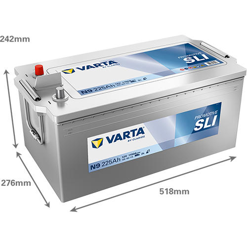 Batterie VARTA N9 225Ah 1150A pour véhicules, vue de la batterie avec bornes et étiquette, en plastique noir