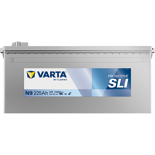 Batterie VARTA N9 225Ah 1150A pour véhicules, vue de la batterie avec étiquettes et bornes, marque VARTA.