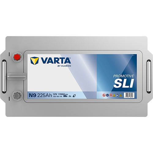 Batterie VARTA N9 225Ah 1150A pour véhicules, vue de la batterie avec bornes et étiquettes, marque VARTA.