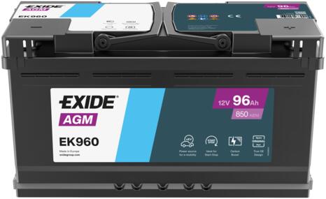 BATTERIE VOITURE EXIDE EK960 AGM 12V 96AH 850A