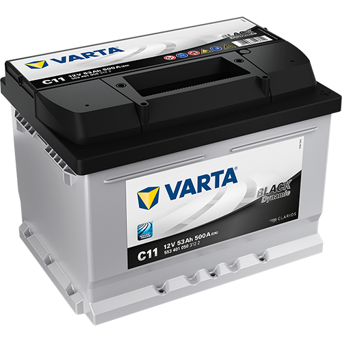 Batterie VARTA C11 53Ah 500A, vue de face, avec bornes et étiquettes, pour véhicules automobiles, marque CANPAA SARL