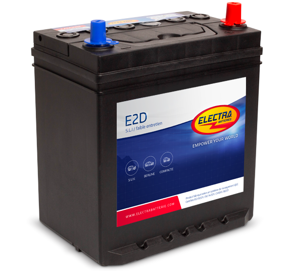 Batterie Electra E2D 35 Ah 270A de CANPAA SARL, vue de face avec bornes de connexion visibles.