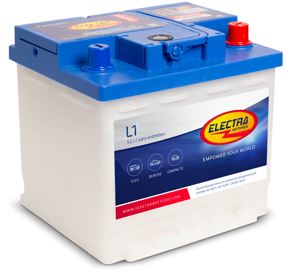 Batterie Electra L1 55 Ah 460A de CANPAA SARL, vue de la batterie avec bornes positives et négatives visible