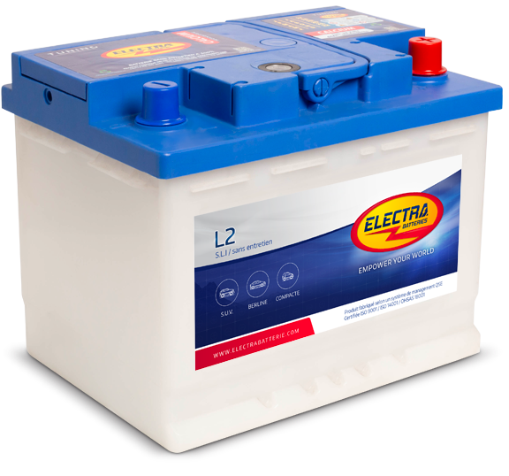 Batterie Electra L2D 65 Ah 580A de CANPAA SARL, vue de face avec bornes de connexion visibles.