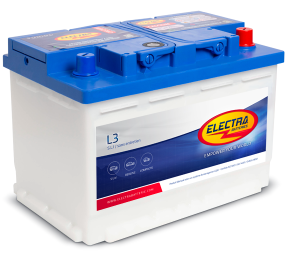 Batterie Electra L3D 75 Ah 720A de CANPAA SARL, vue de la batterie avec bornes et étiquettes visibles