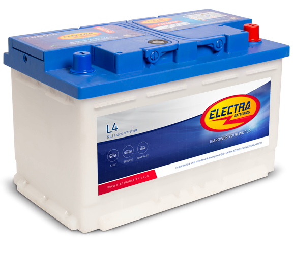 Batterie Electra L4D 88 Ah 750A de CANPAA SARL, vue de face avec bornes de connexion visibles.