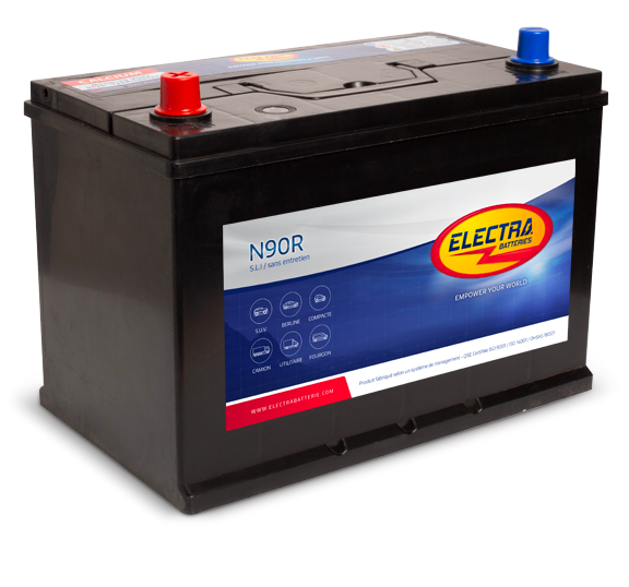 Batterie Electra M11D 90Ah 720A de CANPAA SARL, vue de face avec bornes positives et négatives visibles.
