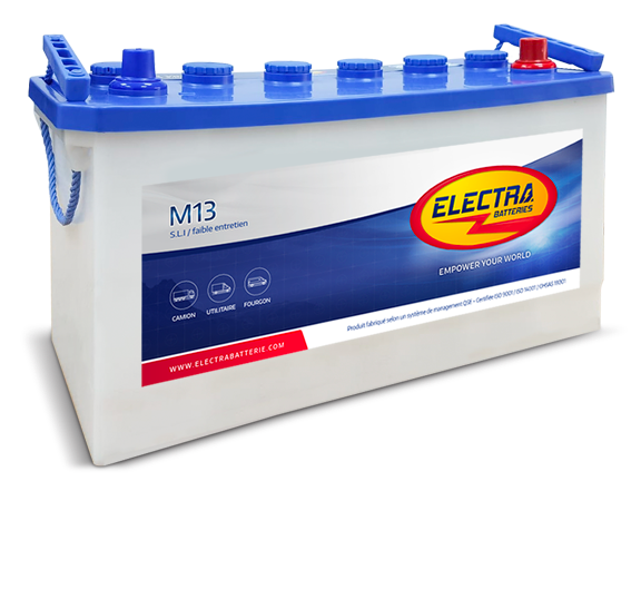 Batterie Electra M13 100Ah 700A de CANPAA SARL, vue de la batterie avec connecteurs et étiquette sur fond blanc.