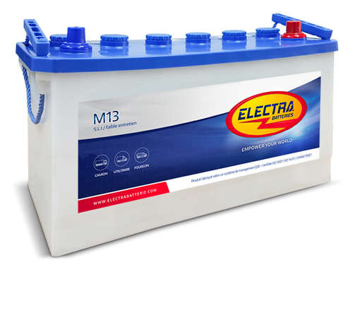 Batterie Electra M13 100Ah 700A de CANPAA SARL, vue de la batterie avec connecteurs et étiquette sur fond blanc.