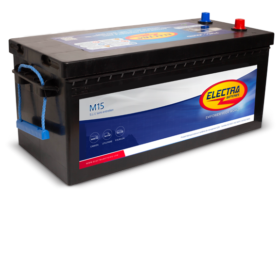 Batterie Electra M15 175Ah 1250A de CANPAA SARL, vue de la batterie avec bornes et étiquettes visibles.