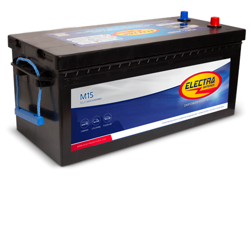 Batterie Electra M15 175Ah 1250A de CANPAA SARL, vue de la batterie avec bornes et étiquettes visibles.