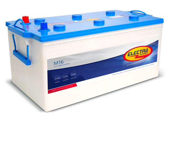 Batterie Electra M16 220Ah 1450A de CANPAA SARL, vue avec bornes et étiquette de capacité.