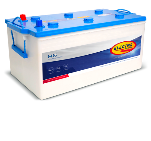 Batterie Electra M16 220Ah 1450A de CANPAA SARL, vue avec bornes et étiquette de capacité.