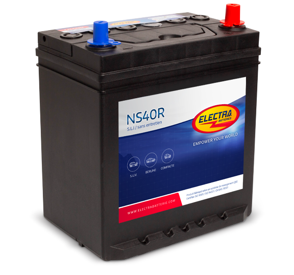 Batterie Electra NS40 32Ah 360A de CANPAA SARL, vue de face avec bornes et étiquette visible.