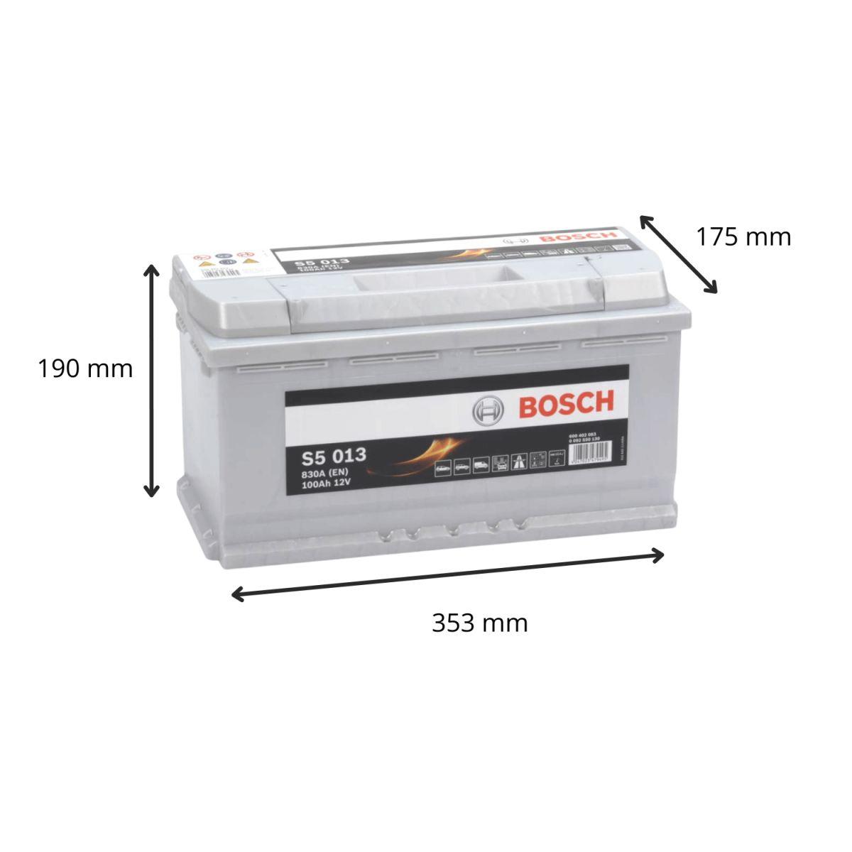 Batterie voiture Bosch S5013 12V 100Ah 830A, pièce détachée pour véhicule, vue de face avec bornes visibles.