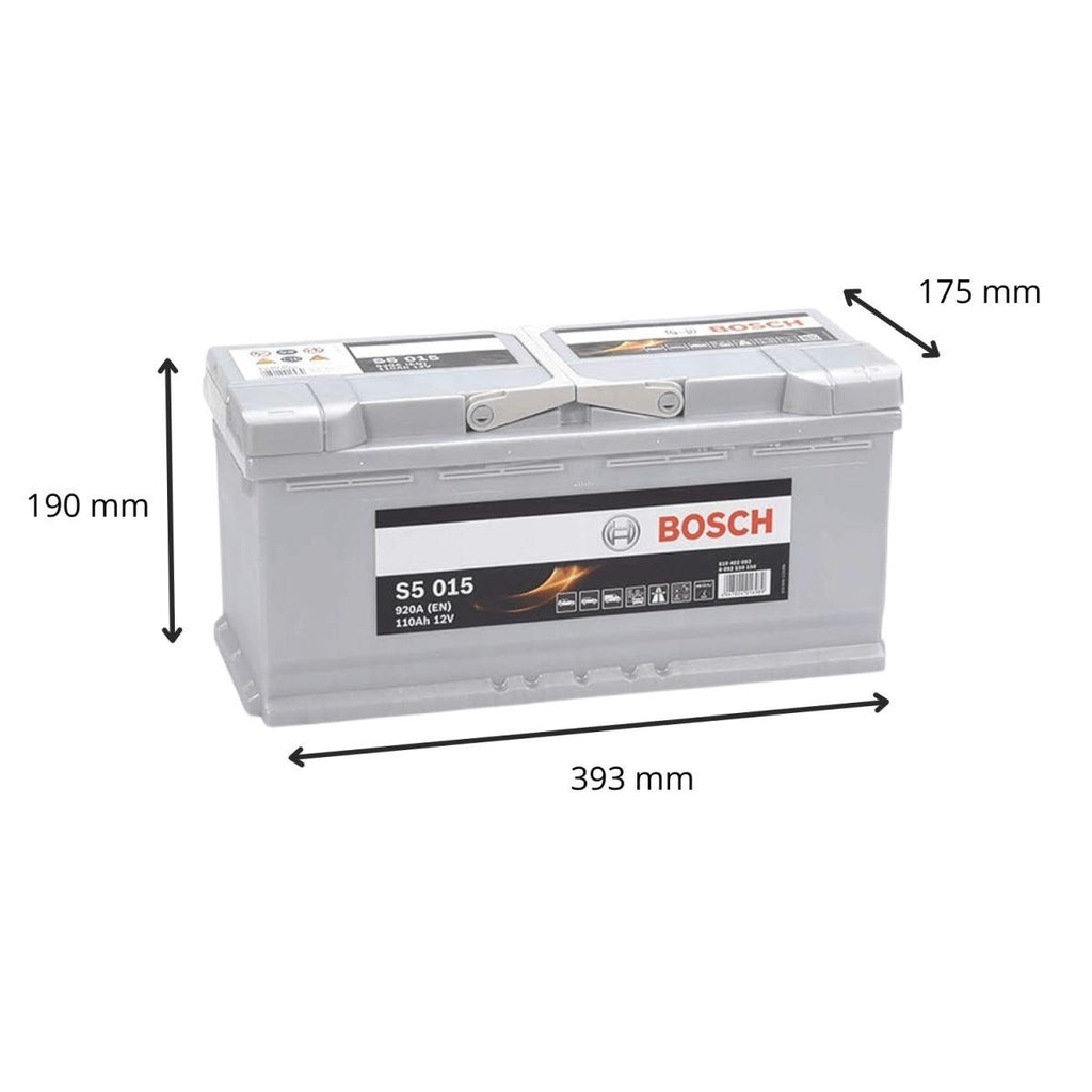 Batterie voiture Bosch S5015 12V 110Ah 920A pour véhicules, image montrant la batterie avec câbles et étiquettes