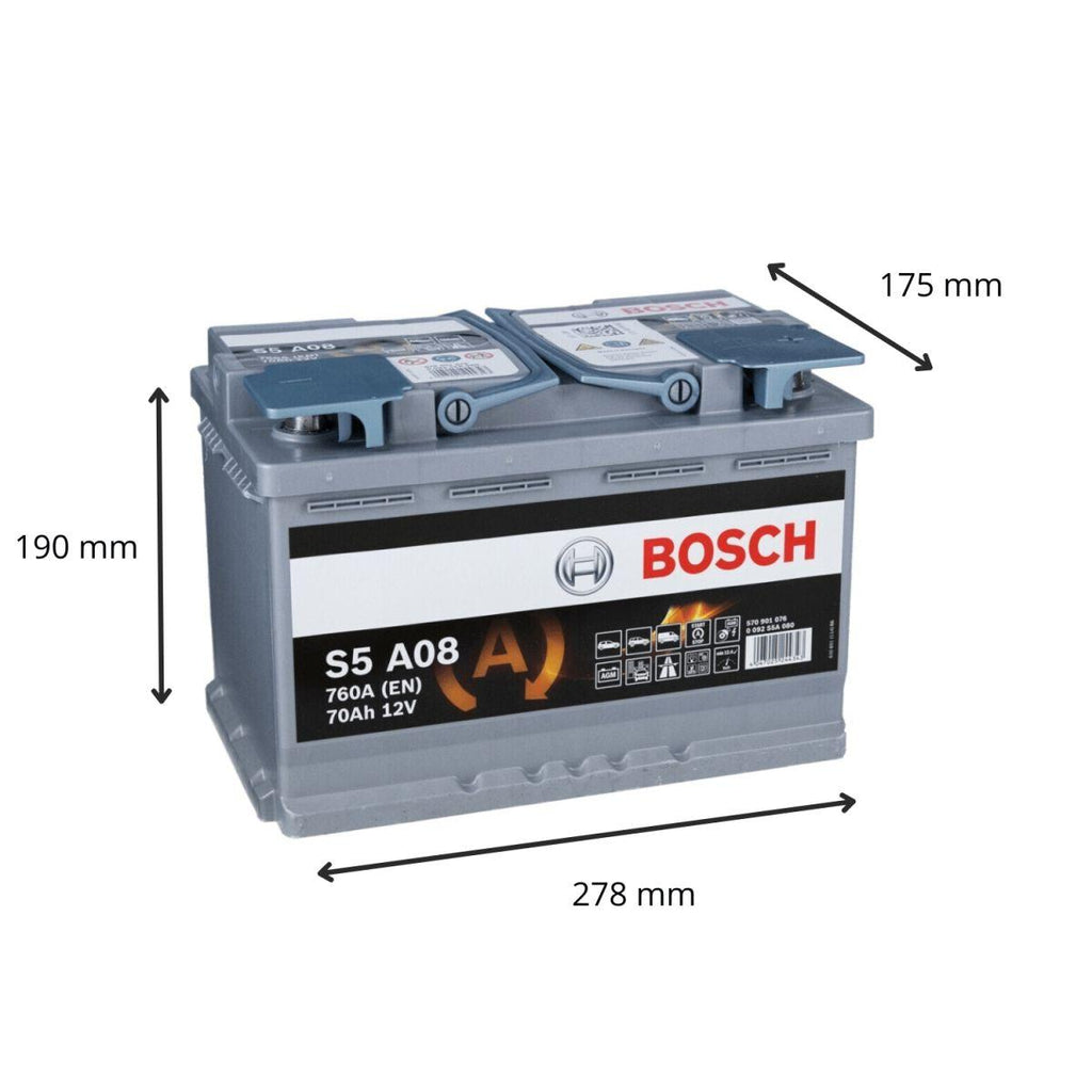 Batterie pour voiture Bosch S5A08 12V 70AH 760A, vue de face avec bornes et étiquette, pièces détachées automobiles.