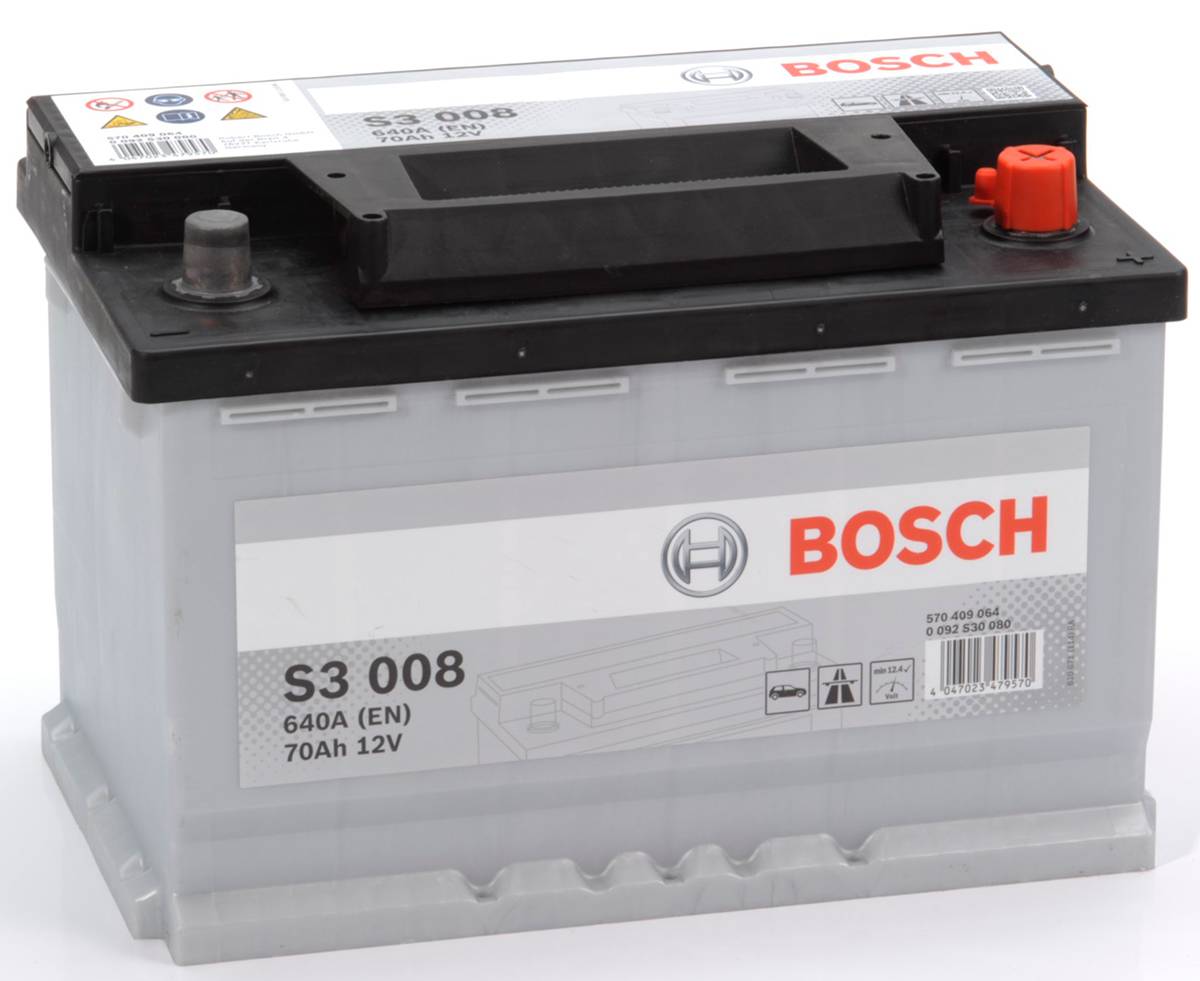 Batterie voiture Bosch S3008 12V 70Ah 640A, pièce détachée pour véhicules, avec bornes et étiquette visible.