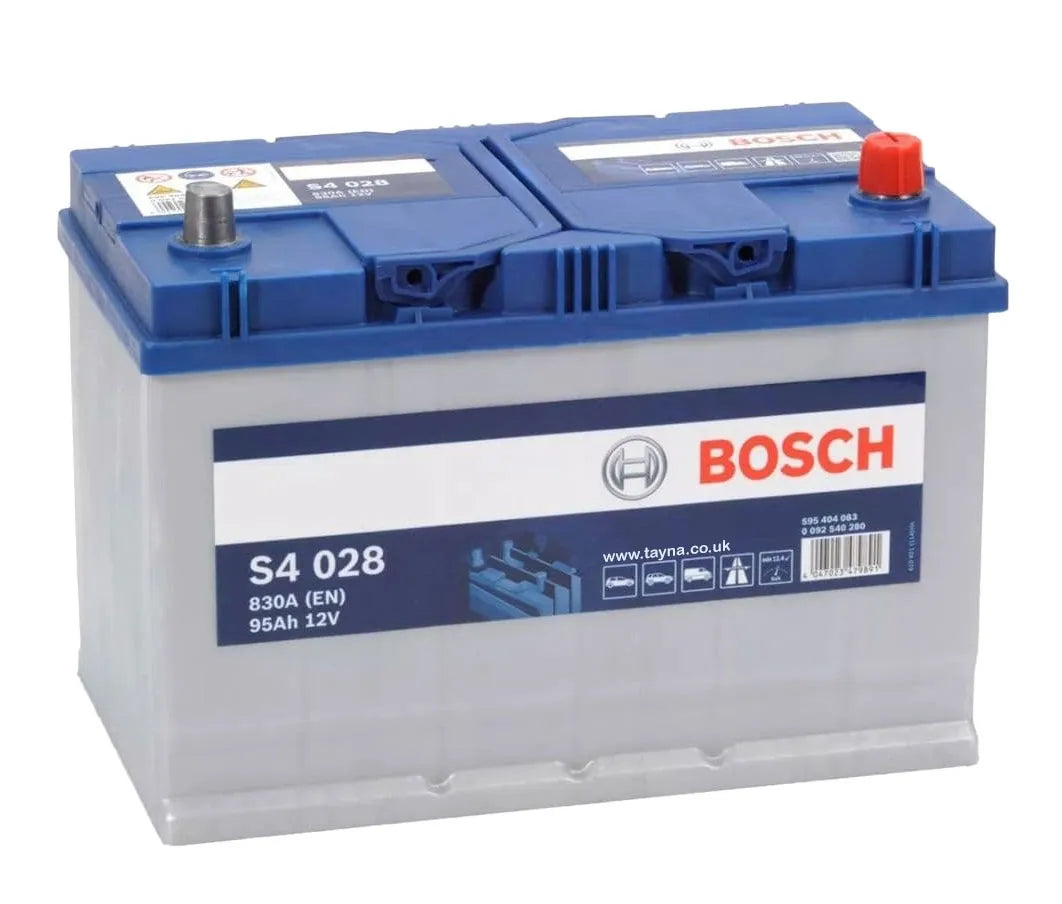 Batterie voiture Bosch S4028 12V 95Ah 830A, pièce détachée pour véhicules, visible dans l'image.