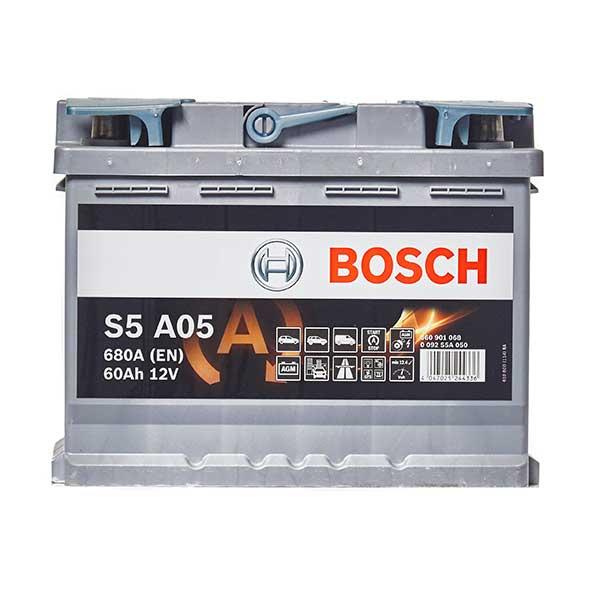 Batterie voiture Bosch S5A05 12V 60AH 680A, pièce détachée pour véhicules, vue de face avec bornes visibles