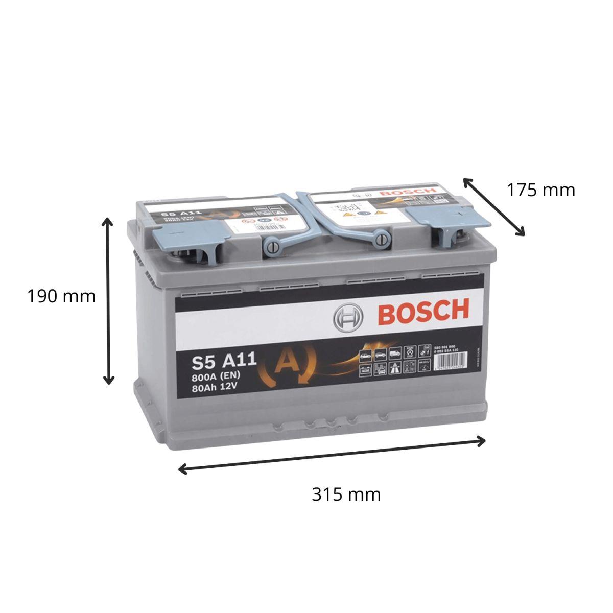 Batterie voiture Bosch S5A11 12V 80AH 800A, pièce détachée pour véhicules, visible avec bornes et étiquette.
