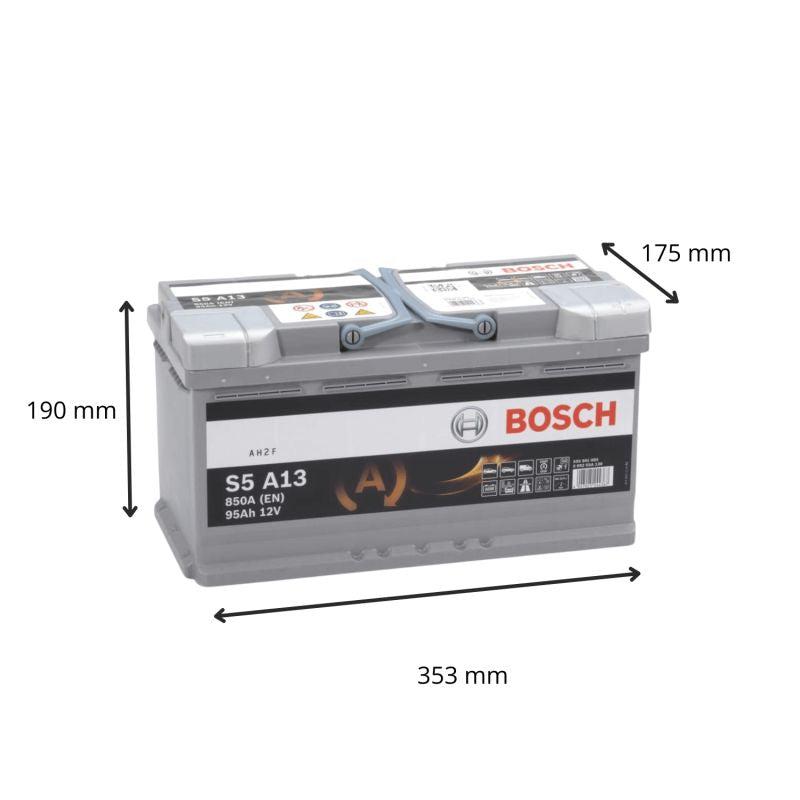 Batterie voiture Bosch S5A13 12V 95AH 850A, pièce détachée pour véhicule, vue de face avec bornes visibles.